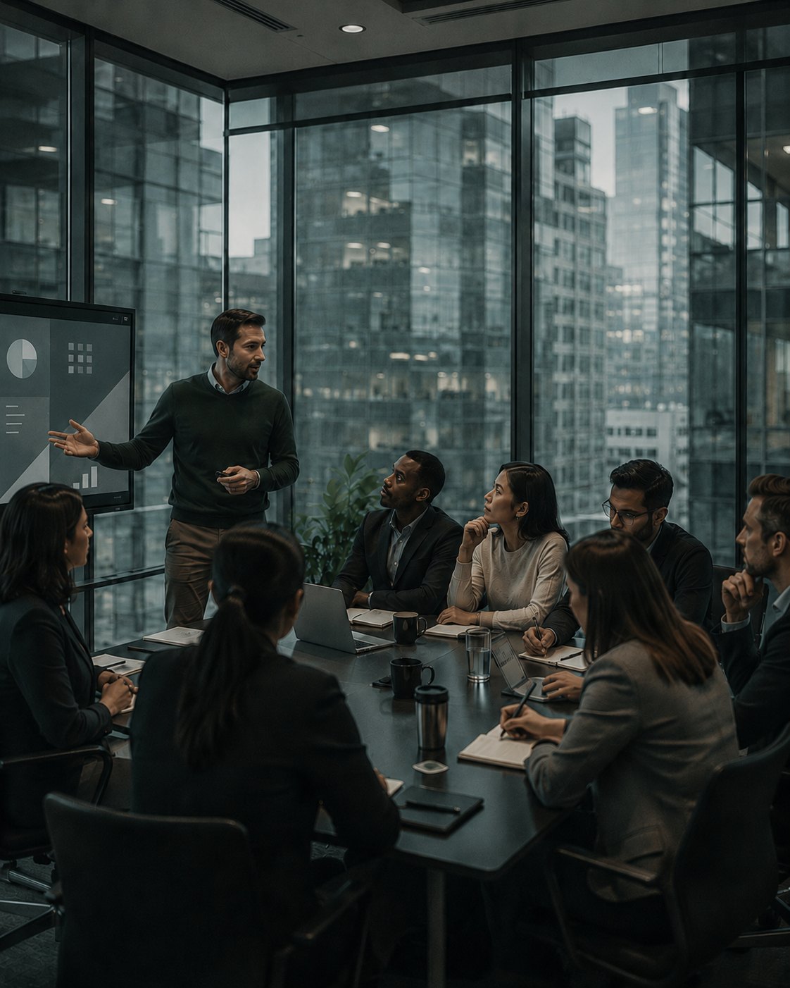 An Origin AI facilitator leading a team training session in a boardroom